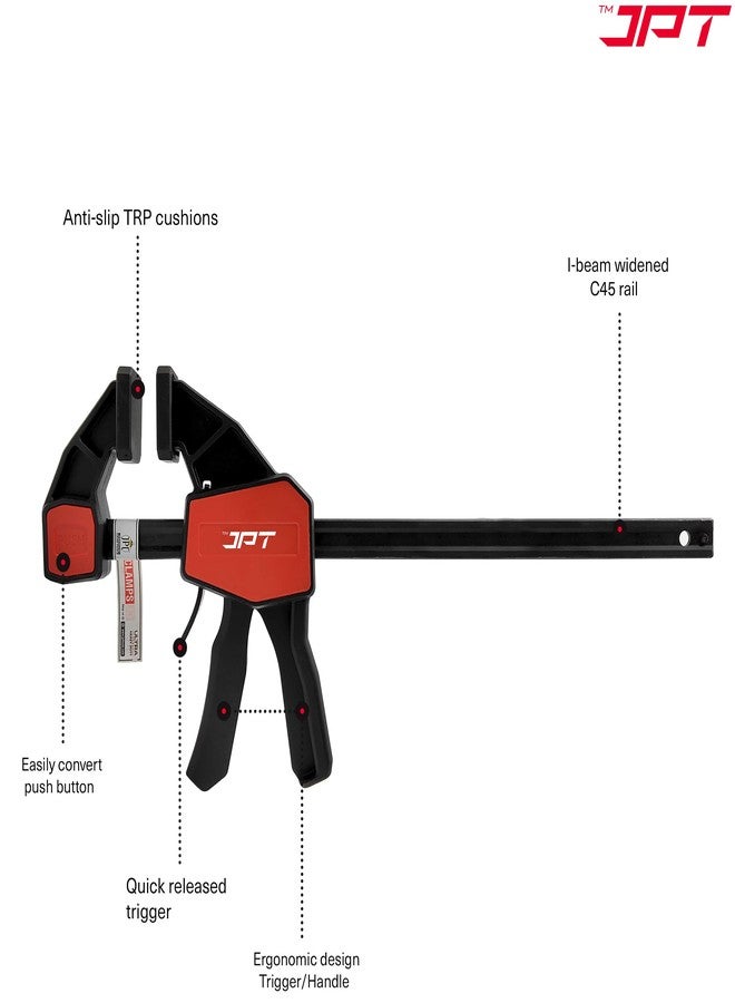 JPT مشابك قضبان JPT Pro Series سريعة التثبيت مقاس 18 بوصة | نطاق تثبيت 300 مم | مشابك خشبية بيد واحدة مع زناد تحرير سريع | مجموعة مشابك F شديدة التحمل | قوة تحمل 155 رطلاً | أعمال النجارة، النجارة اليدوية، الأعمال اليدوية - Image 2
